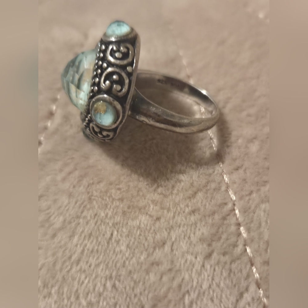 Noa 925 Turquoise gold leaf faceted quartz ladies ornate overlay ring Size 6. - Picture 3 of 4